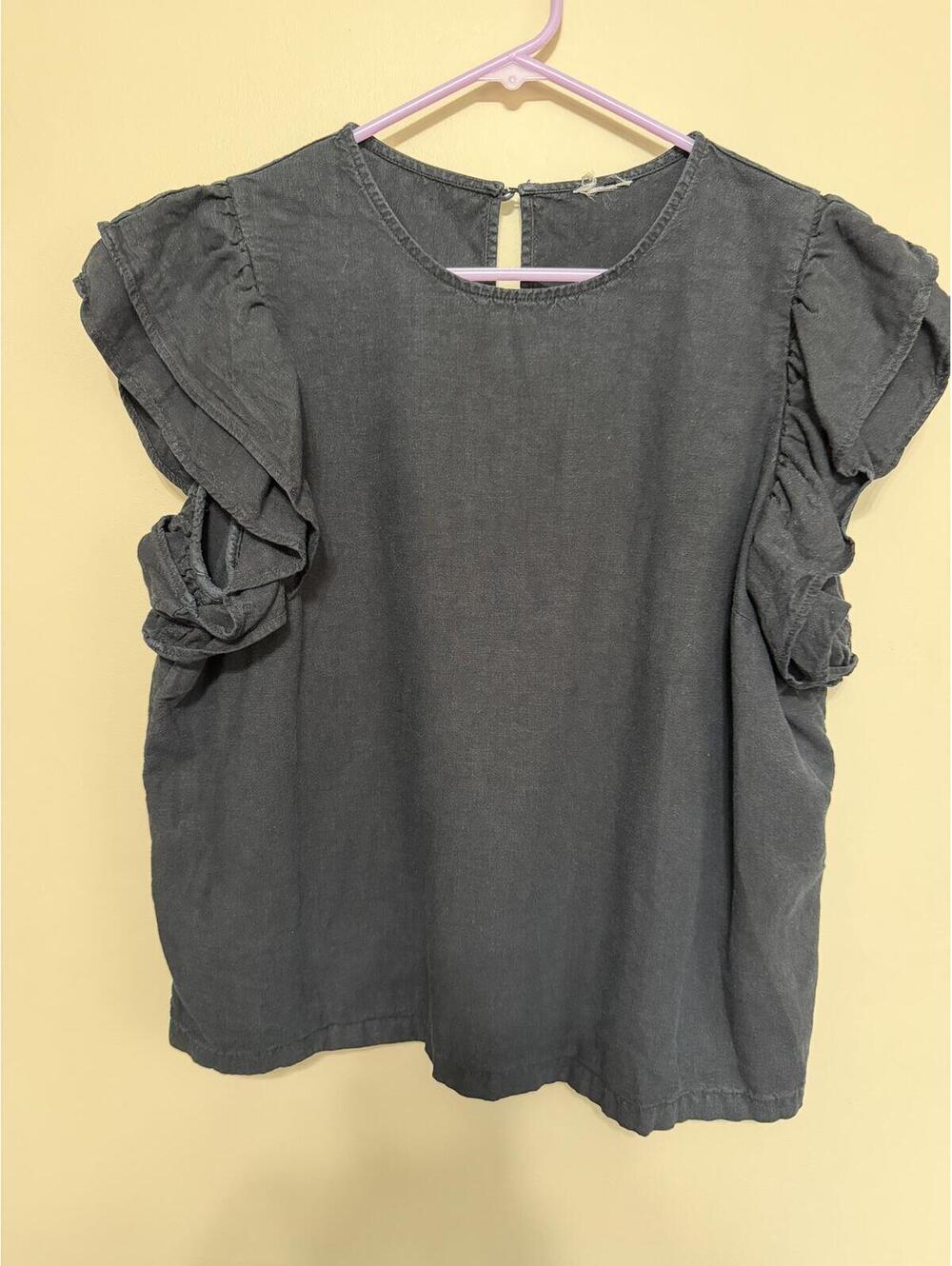 Black Linen Blend Ruffle Sleeve Top Relaxed Fit M/L
